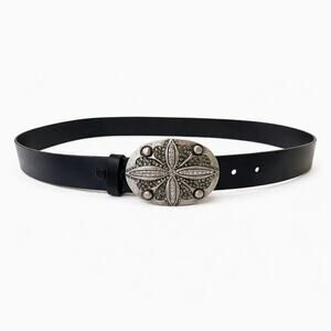 Black Genuine Leather Belt Silver Ornate Rhinestone Buckle Size 1X